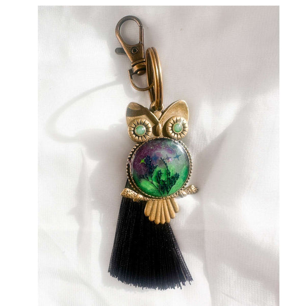 Northern Lights owl keychain with real ferns in resin and black tassel