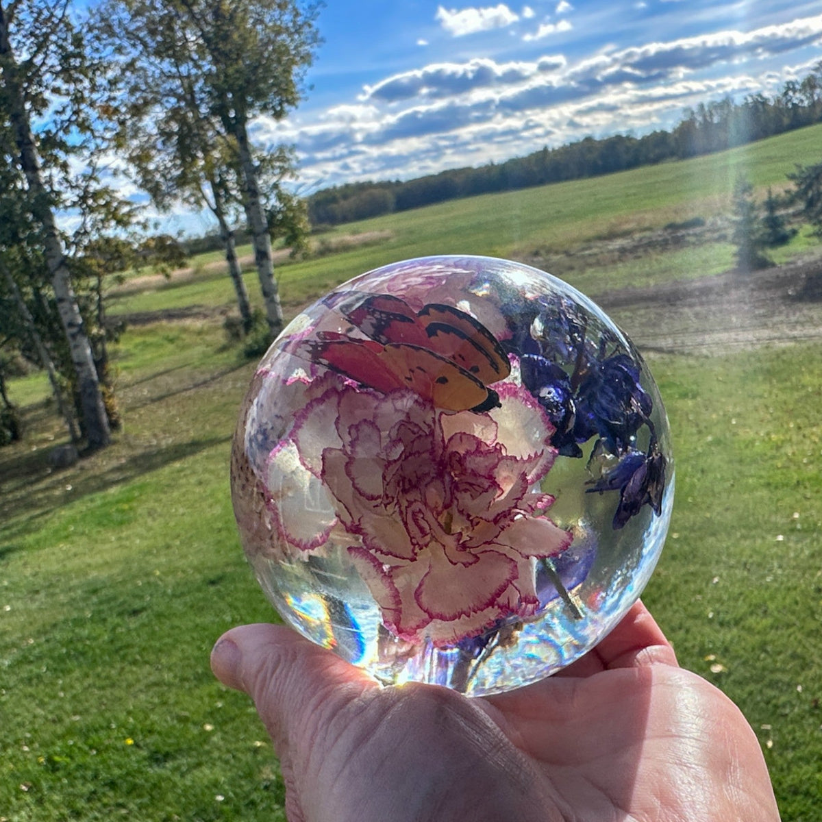 Carnation Garden Sphere - Whimsical Floral Handmade Resin Home Decor