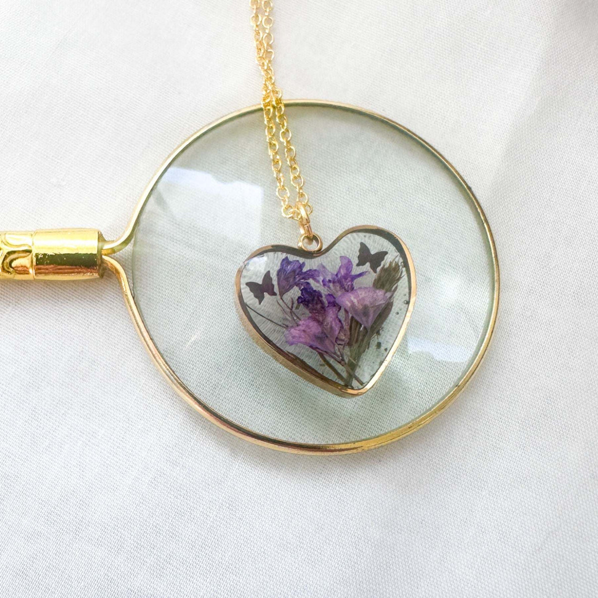 Everlasting Garden Heart Pendant - Handmade Dried Flower Gold Necklace
