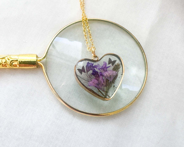 Everlasting Garden Heart Pendant - Handmade Dried Flower Gold Necklace