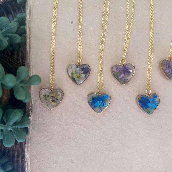 Everlasting Garden Heart Pendant - Handmade Dried Flower Gold Necklace