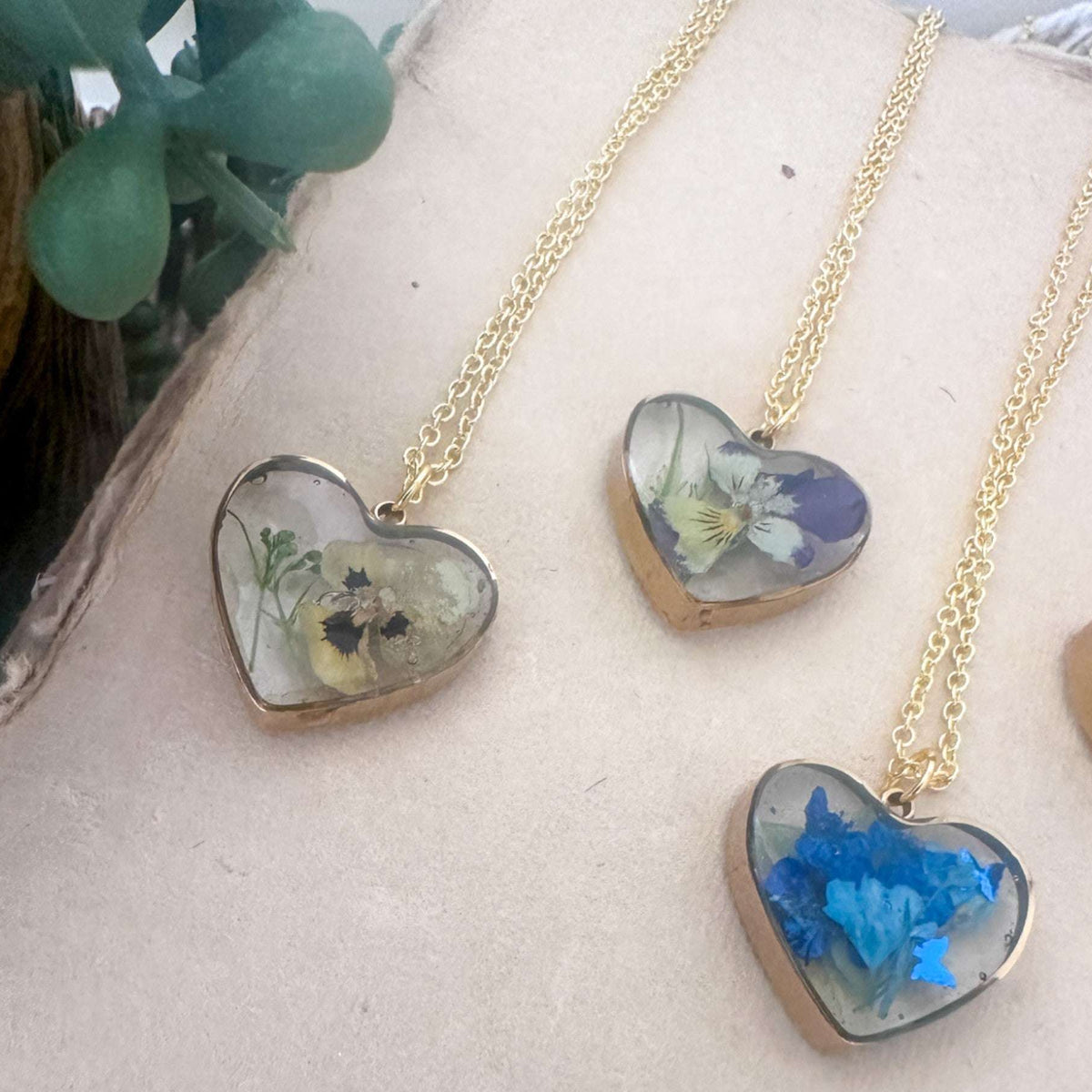 Everlasting Garden Heart Pendant - Handmade Dried Flower Gold Necklace