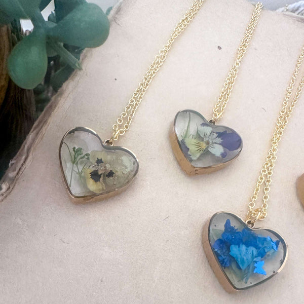 Everlasting Garden Heart Pendant - Handmade Dried Flower Gold Necklace