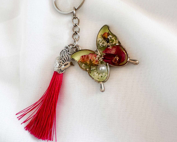 Birth Month Flower Butterfly Keychain -Custom Handmade Floral Keychain
