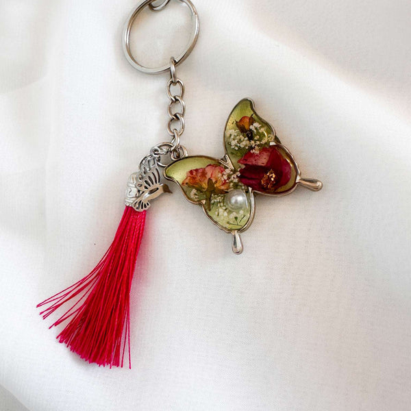 Birth Month Flower Butterfly Keychain -Custom Handmade Floral Keychain