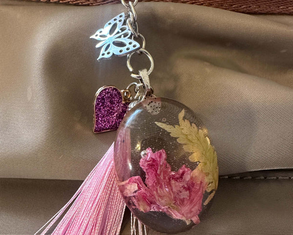 Pink Petal Flutter - Handmade Dried Resin Floral Bag Charm / Keychain