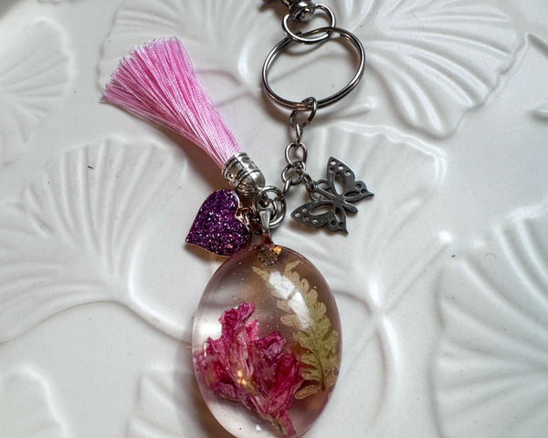 Pink Petal Flutter - Handmade Dried Resin Floral Bag Charm / Keychain