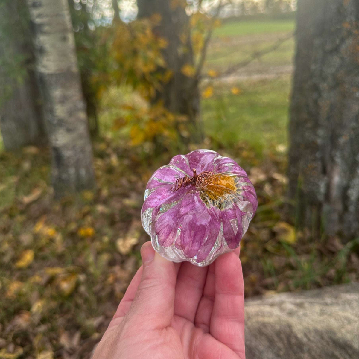 Pumpkin Purple Bloom - Handmade Resin Pumpkin with real Dried Flowers