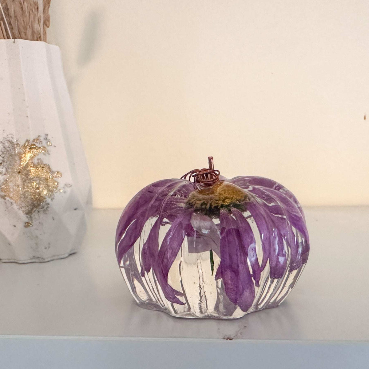 Pumpkin Purple Bloom - Handmade Resin Pumpkin with real Dried Flowers