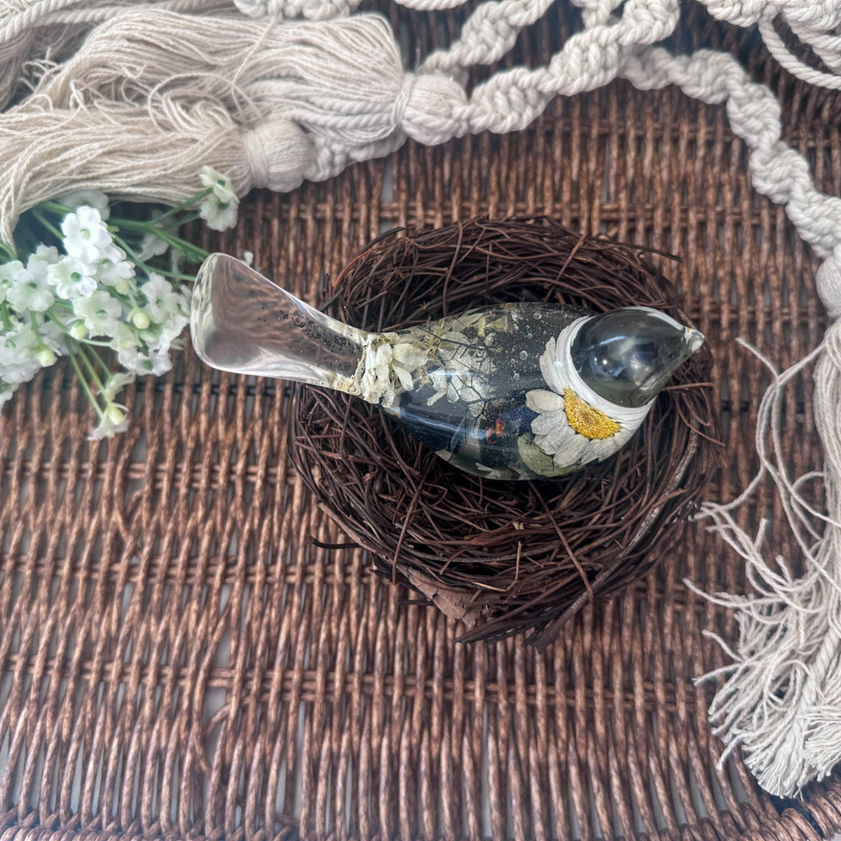 Midnight Melody: Chickadee's Song Handmade with Black & White Blooms