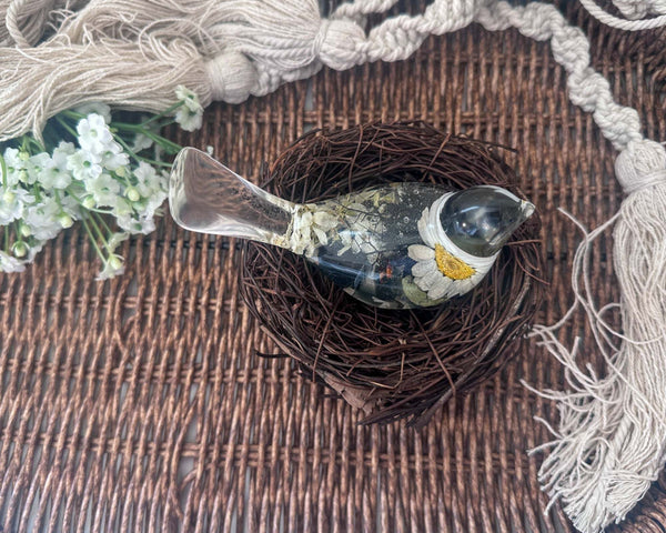 Midnight Melody: Chickadee's Song Handmade with Black & White Blooms