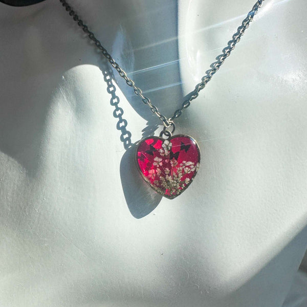 Flaming Heart Romance Set - Handmade Floral Heart Pendant & Earrings