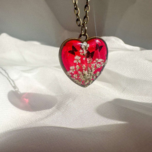 Flaming Heart Romance Set - Handmade Floral Heart Pendant & Earrings