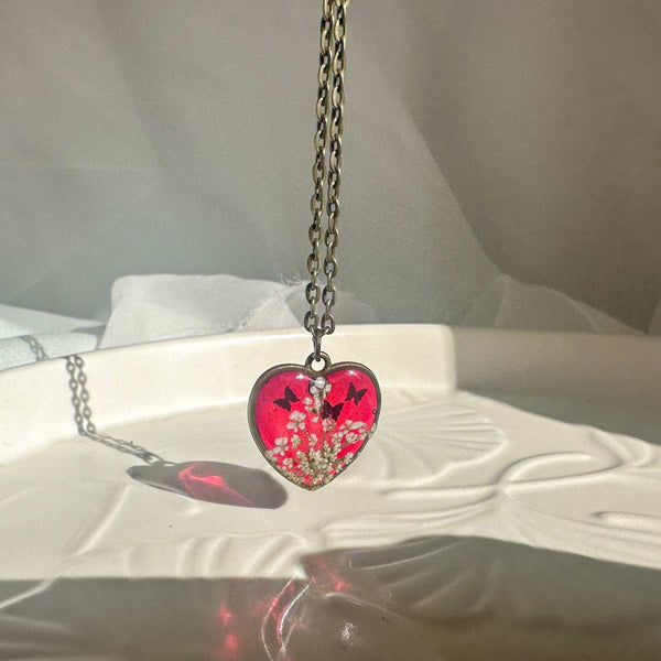 Flaming Heart Romance Set - Handmade Floral Heart Pendant & Earrings