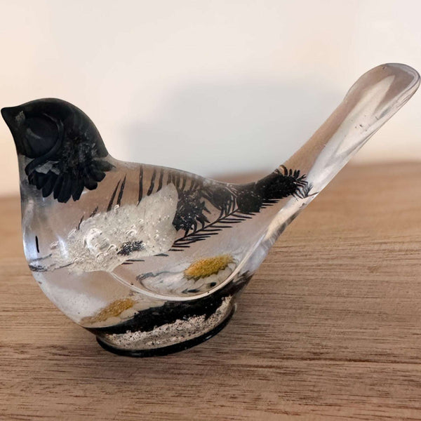 Chickadee Resin Bird Midnight Melody Black & White Handmade Floral Art