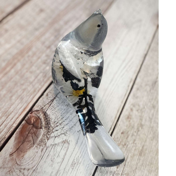 Chickadee Resin Bird Midnight Melody Black & White Handmade Floral Art