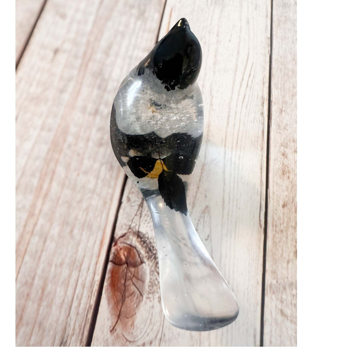 Chickadee Resin Bird Midnight Melody Black & White Handmade Floral Art