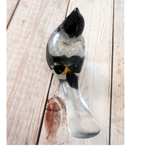 Chickadee Resin Bird Midnight Melody Black & White Handmade Floral Art