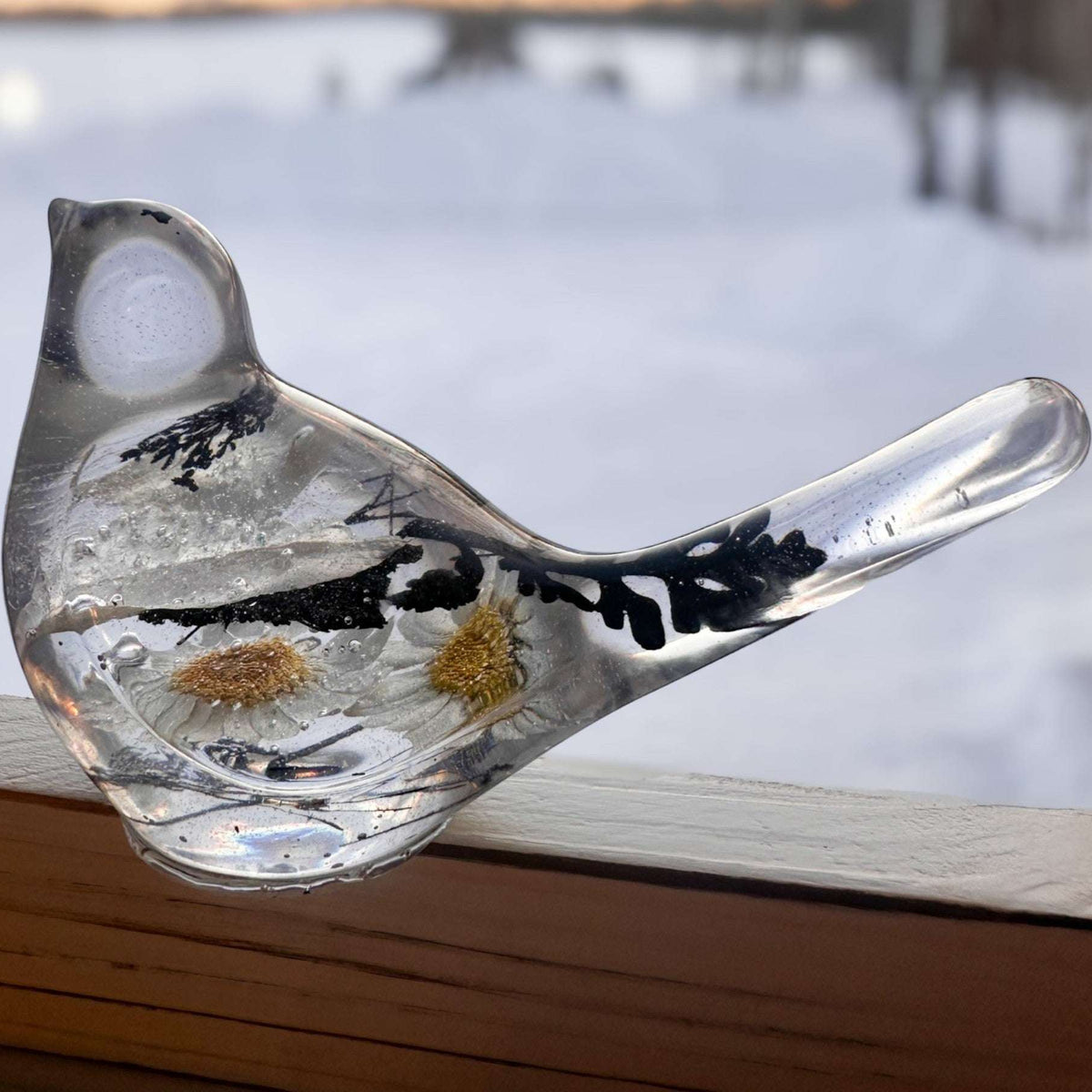 Chickadee Resin Bird Midnight Melody Black & White Handmade Floral Art