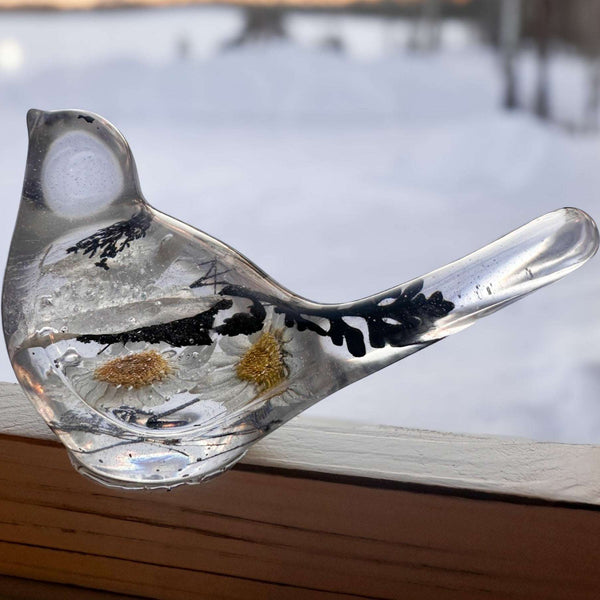 Chickadee Resin Bird Midnight Melody Black & White Handmade Floral Art