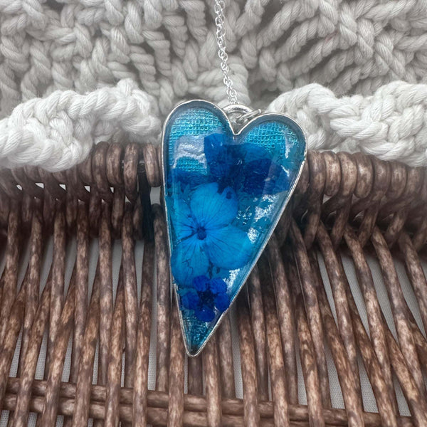 Blue Heart Bloom - Everlasting Handmade Resin Blue Garden Pendant