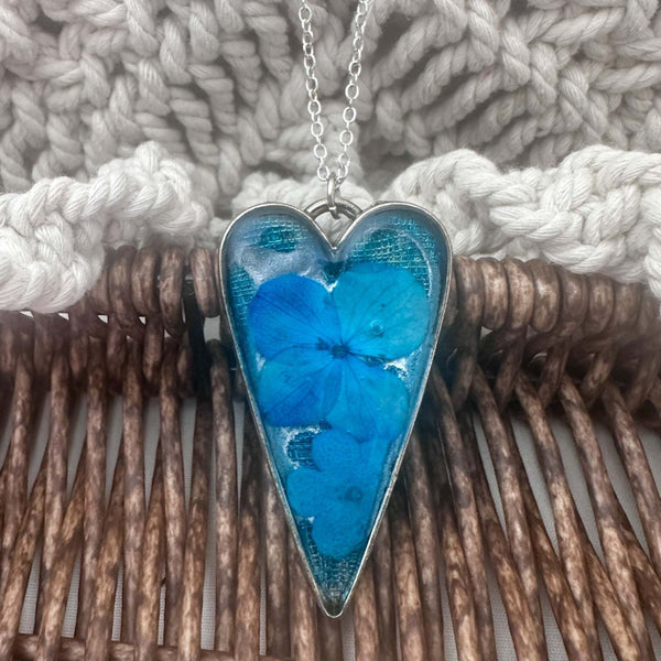 Blue Heart Bloom - Everlasting Handmade Resin Blue Garden Pendant