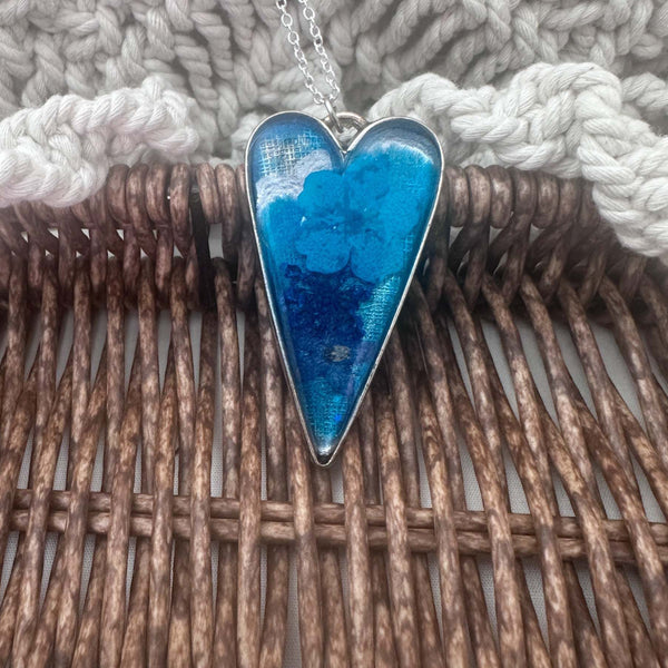 Blue Heart Bloom - Everlasting Handmade Resin Blue Garden Pendant