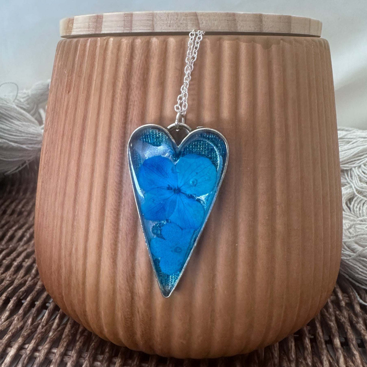 Blue Heart Bloom - Everlasting Handmade Resin Blue Garden Pendant