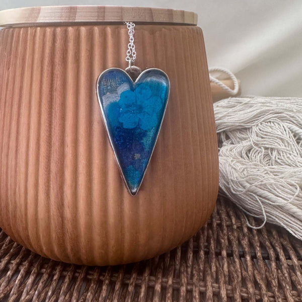 Blue Heart Bloom - Everlasting Handmade Resin Blue Garden Pendant