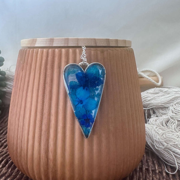 Blue Heart Bloom - Everlasting Handmade Resin Blue Garden Pendant