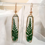 Handcrafted Fern's Embrace drop earrings featuring real green fern fronds in a clear resin setting.