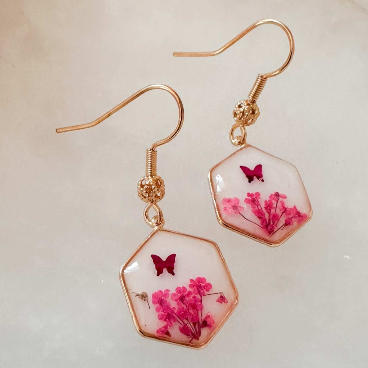 Pink Butterfly & Boreal Spring Bloom Handmade Hexagon Earrings