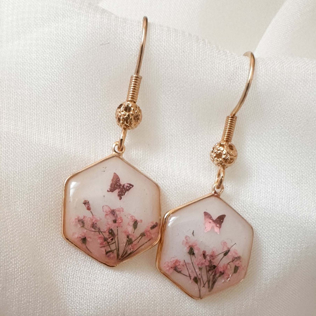 Pink Butterfly & Boreal Spring Bloom Handmade Hexagon Earrings