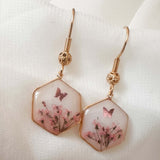 Pink Butterfly & Boreal Spring Bloom Handmade Hexagon Earrings