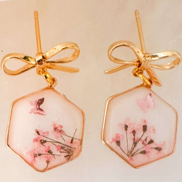 Pink Butterfly & Boreal Spring Bloom Handmade Hexagon Earrings