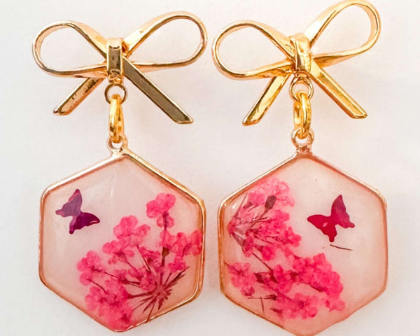 Pink Butterfly & Boreal Spring Bloom Handmade Hexagon Earrings