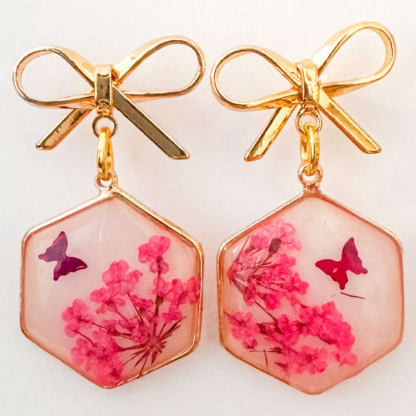 Pink Butterfly & Boreal Spring Bloom Handmade Hexagon Earrings