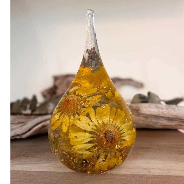 Summer Solstice  Sunflower resin ring holder featuring a real yellow sunflower and gold leaf accents.