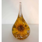 Summer Solstice  Sunflower resin ring holder featuring a real yellow sunflower and gold leaf accents.