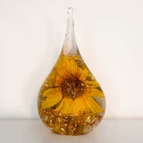 Summer Solstice Sunflower resin ring holder featuring a real yellow sunflower and gold leaf accents.