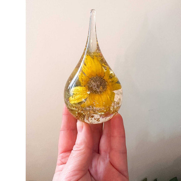 Summer Solstice Sunflower resin ring holder featuring a real yellow sunflower and gold leaf accents.