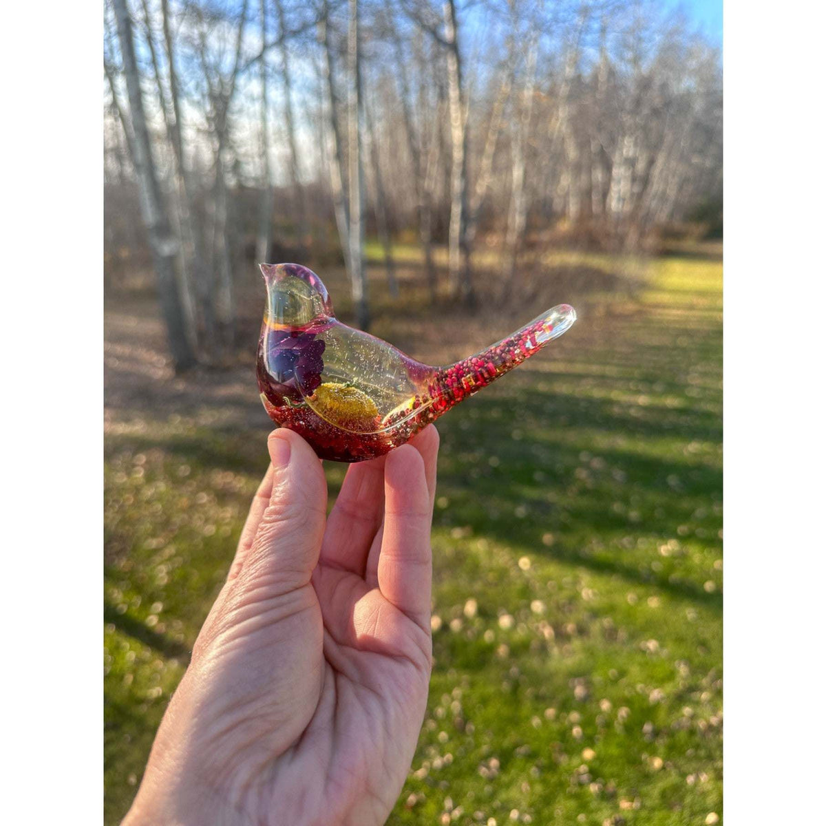 Whimsical Whispers - Handmade Burgundy Strawflower Blooms Resin Bird