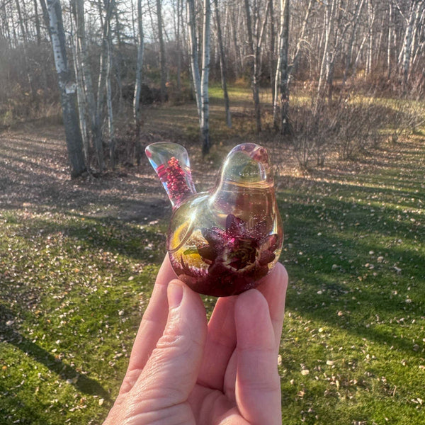 Whimsical Whispers - Handmade Burgundy Strawflower Blooms Resin Bird