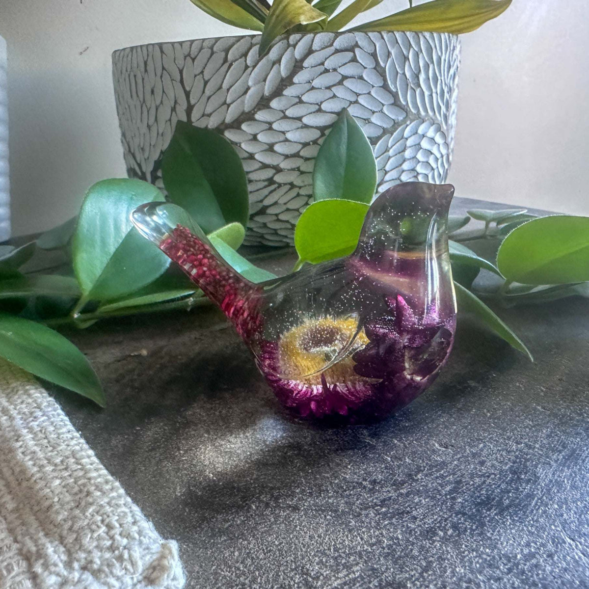 Whimsical Whispers - Handmade Burgundy Strawflower Blooms Resin Bird