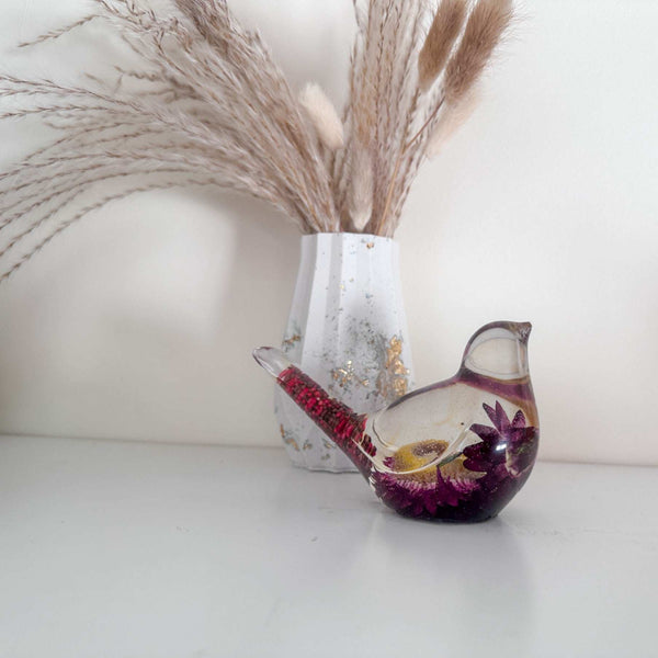 Whimsical Whispers - Handmade Burgundy Strawflower Blooms Resin Bird