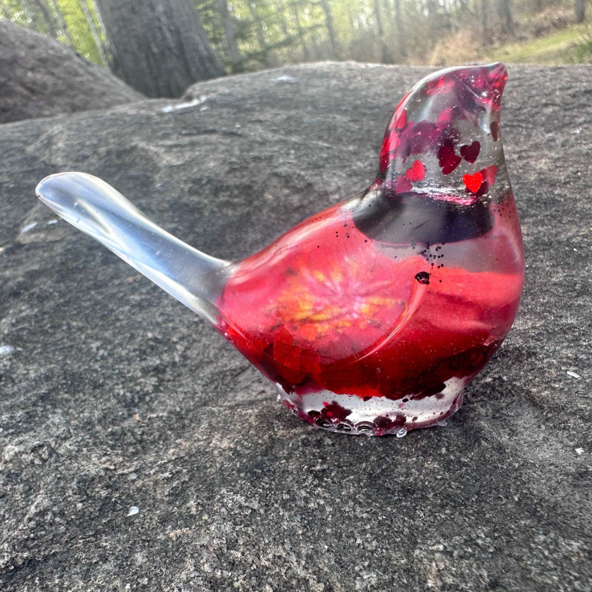 Handmade Crimson Melody  Songbird – Resin Art Bird with Real Flowers