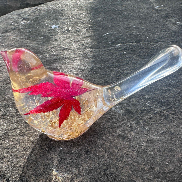 Maple Leaf Songbird - Handmade Resin Bird Maple Leaf & Gold Accents