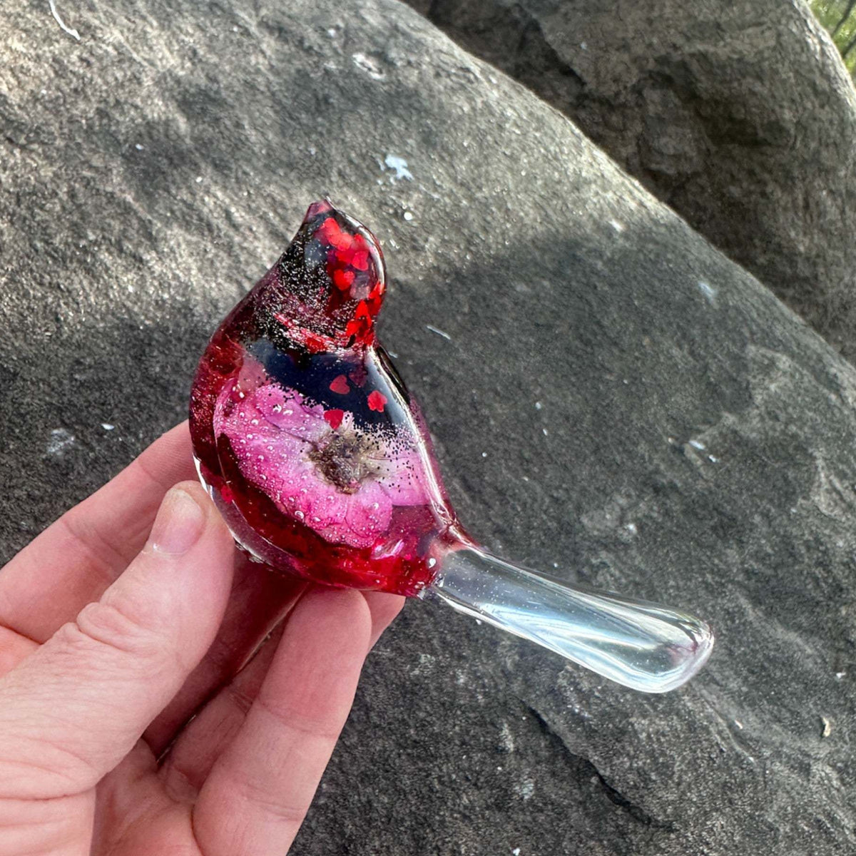 Rose Crimson Cardinal Pair – Resin Birds with Red Roses & Glitter