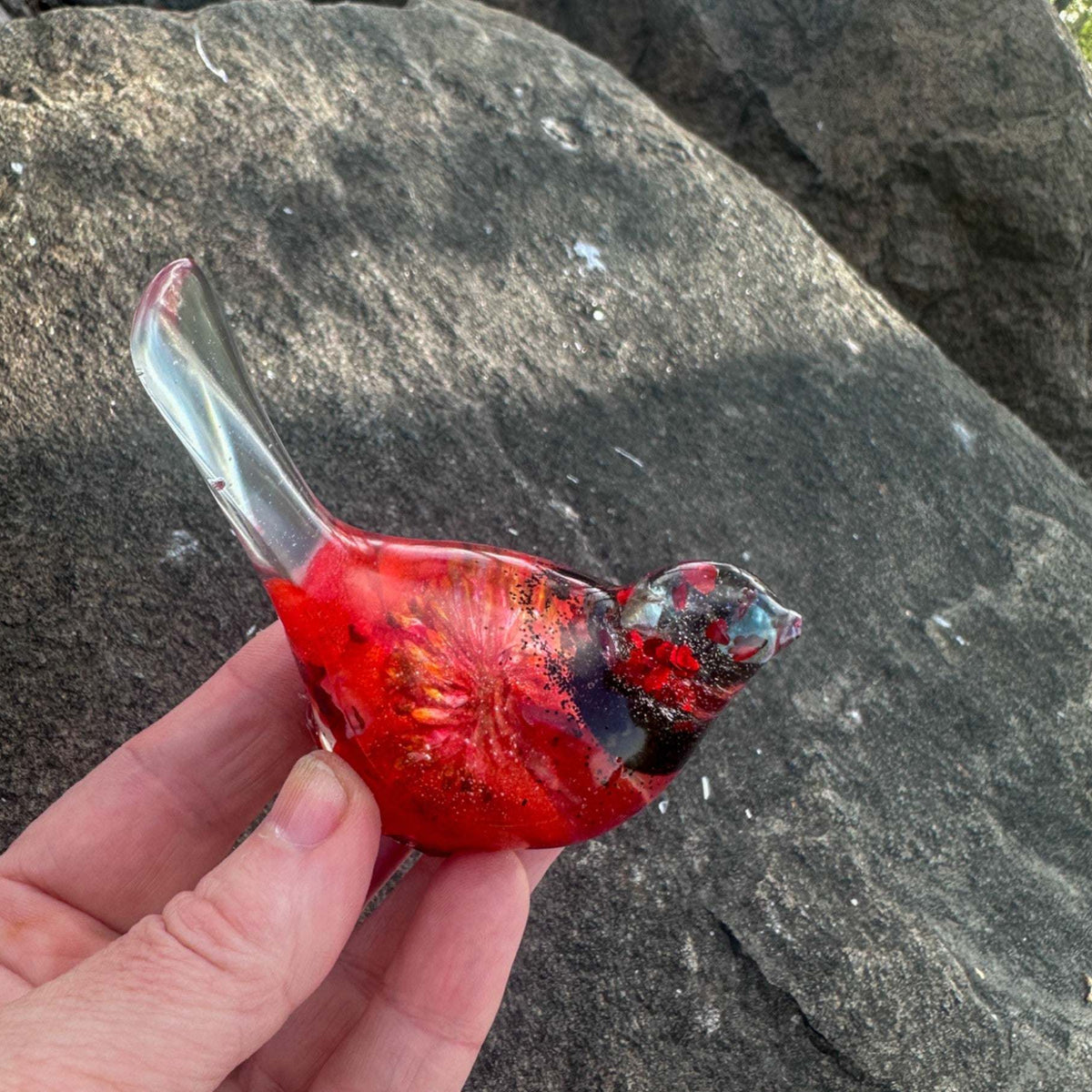 Handmade Crimson Melody  Songbird – Resin Art Bird with Real Flowers