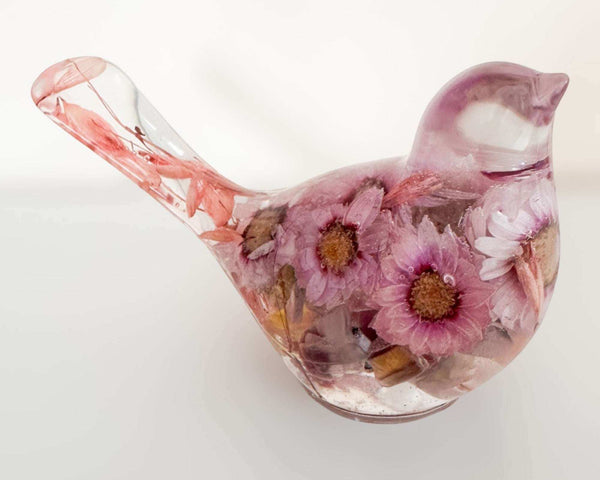 Pink Blossom botanical resin bird with real flowers and fluorite stones